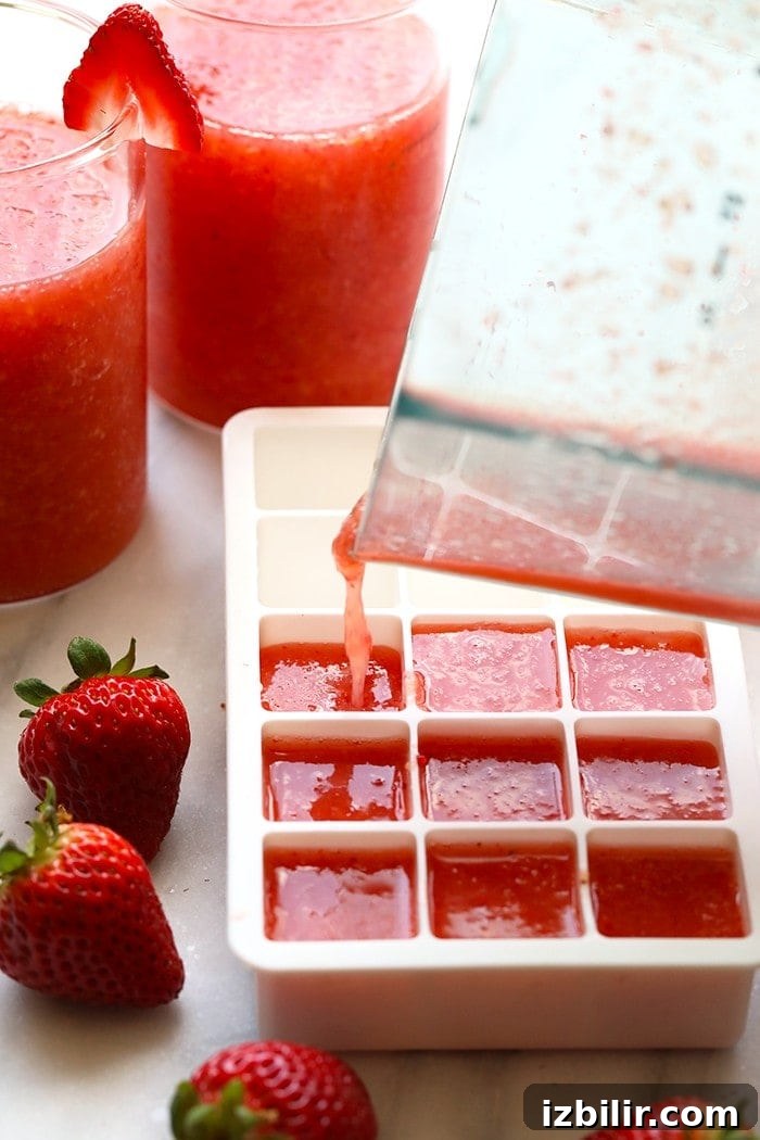Freezing frosé into cubes pouring frose into ice cube tray.