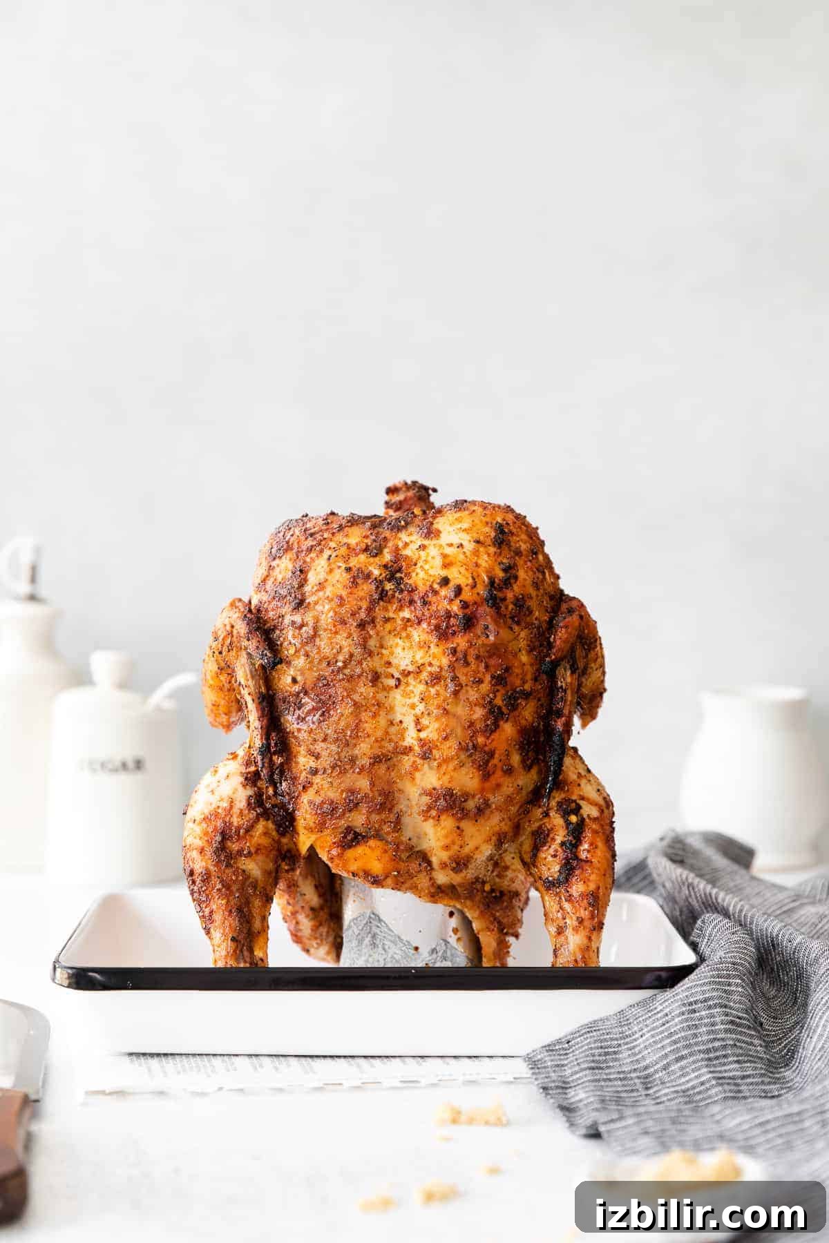 Juicy Beer Can Chicken Recipe with Crispy Skin 2 beer can chicken oven in roasting pan.