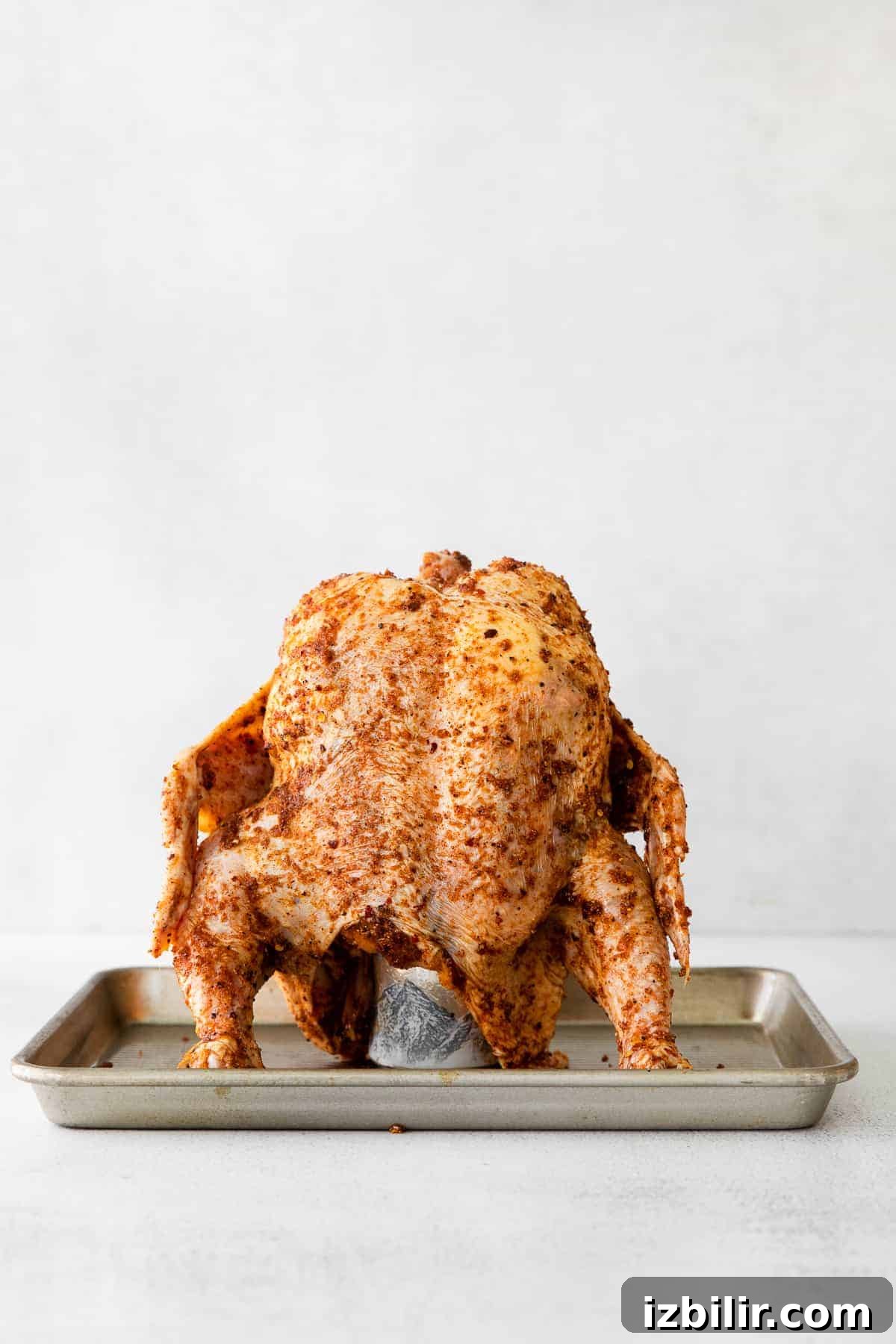 Juicy Beer Can Chicken Recipe with Crispy Skin 7 a beer can chicken roasting on a tray.