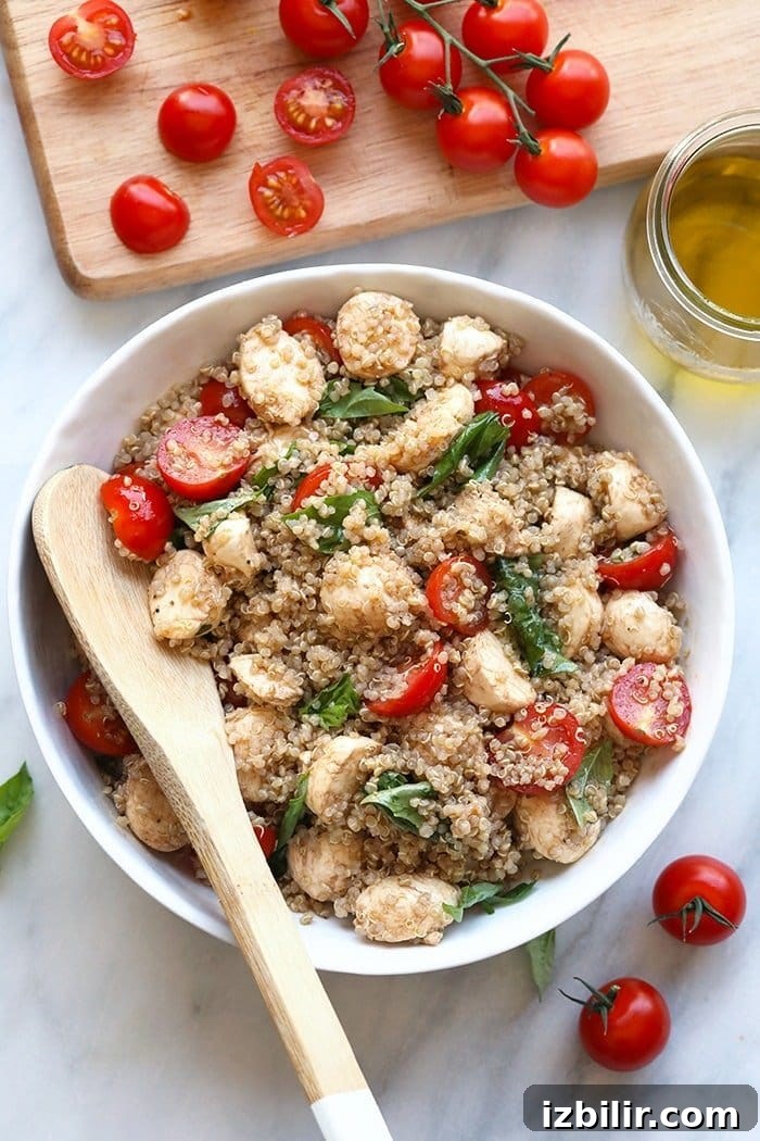 fresh caprese quinoa salad in a bowl