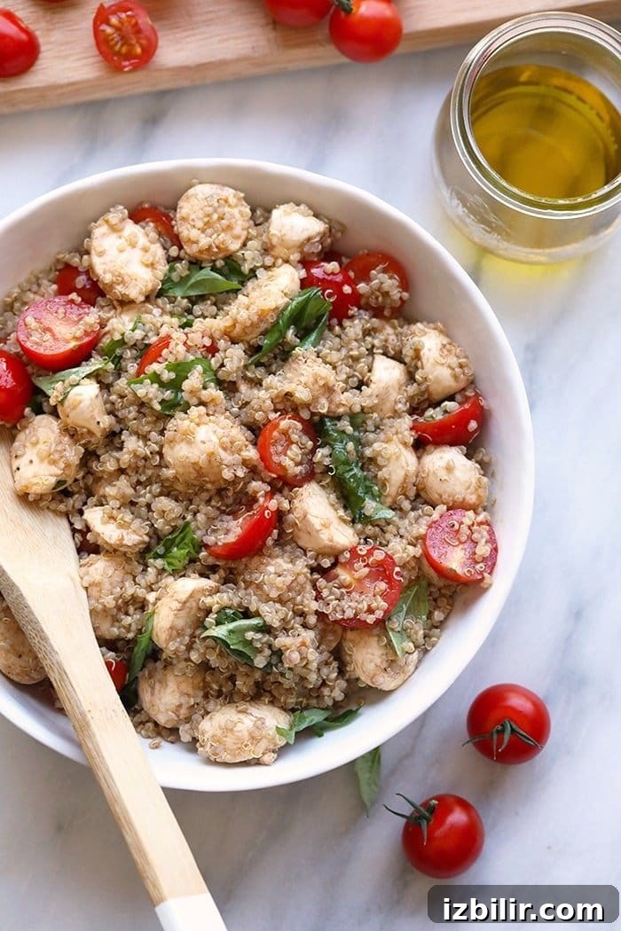 fresh caprese quinoa salad in a bowl ready to be served