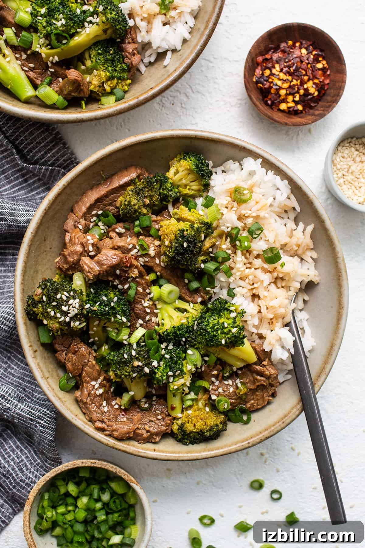 Beef and Broccoli Stir Fry bowl of beef and broccoli stir fry.