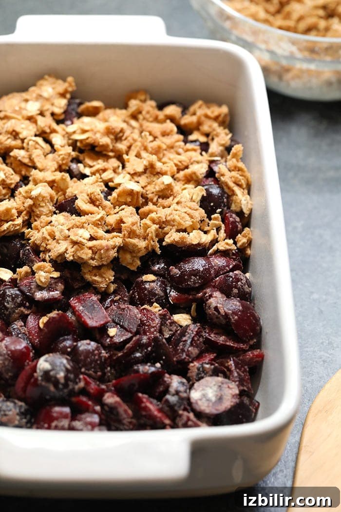 cherry crisp in a casserole dish