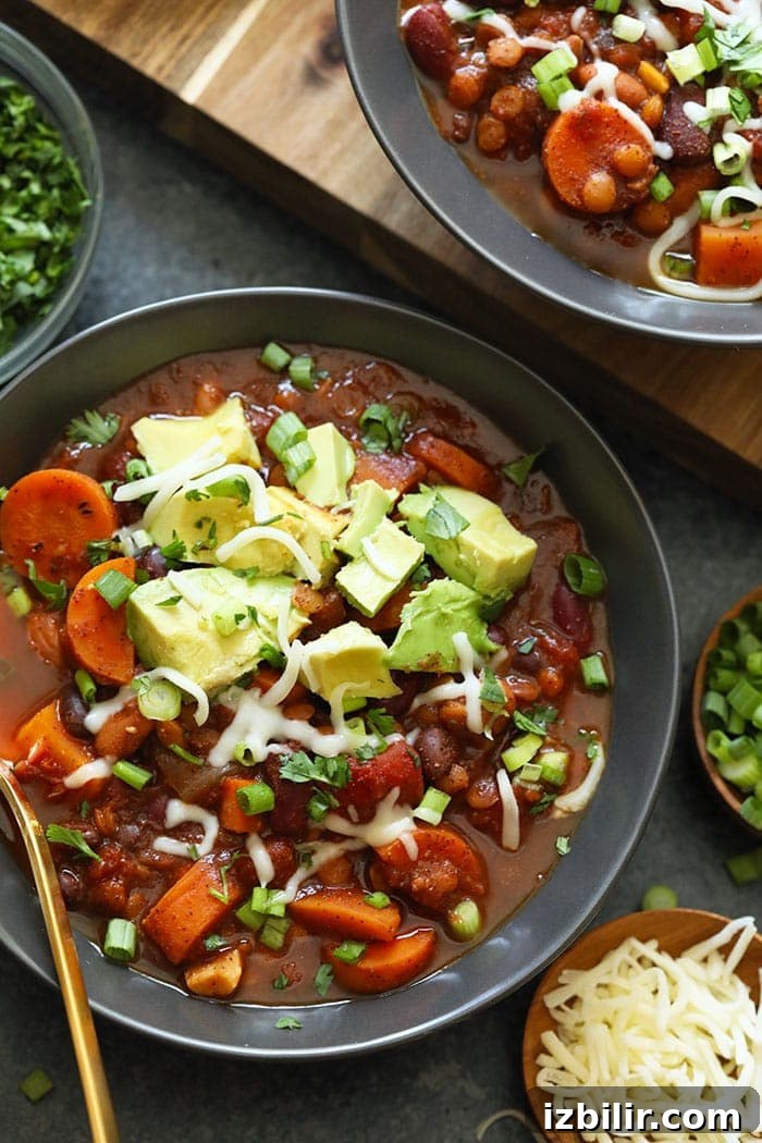 Vegetarian chili instant pot in a bowl