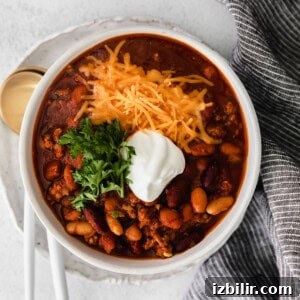 instant pot chili in a bowl.