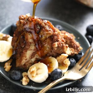 French toast with bananas and blueberries on a plate