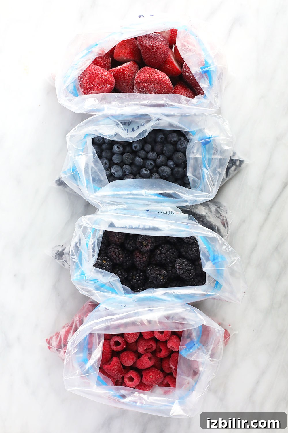 frozen berries in ziploc bags ready to be placed in the freezer