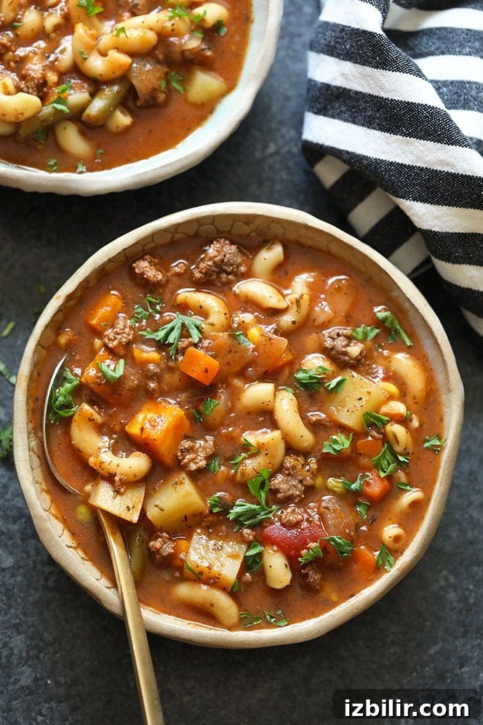 A bowl of delicious hamburger soup