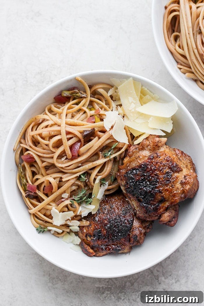 Balsamic roasted chicken pasta on a plate