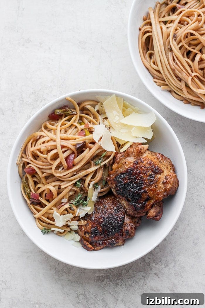 Plated balsamic roasted chicken pasta