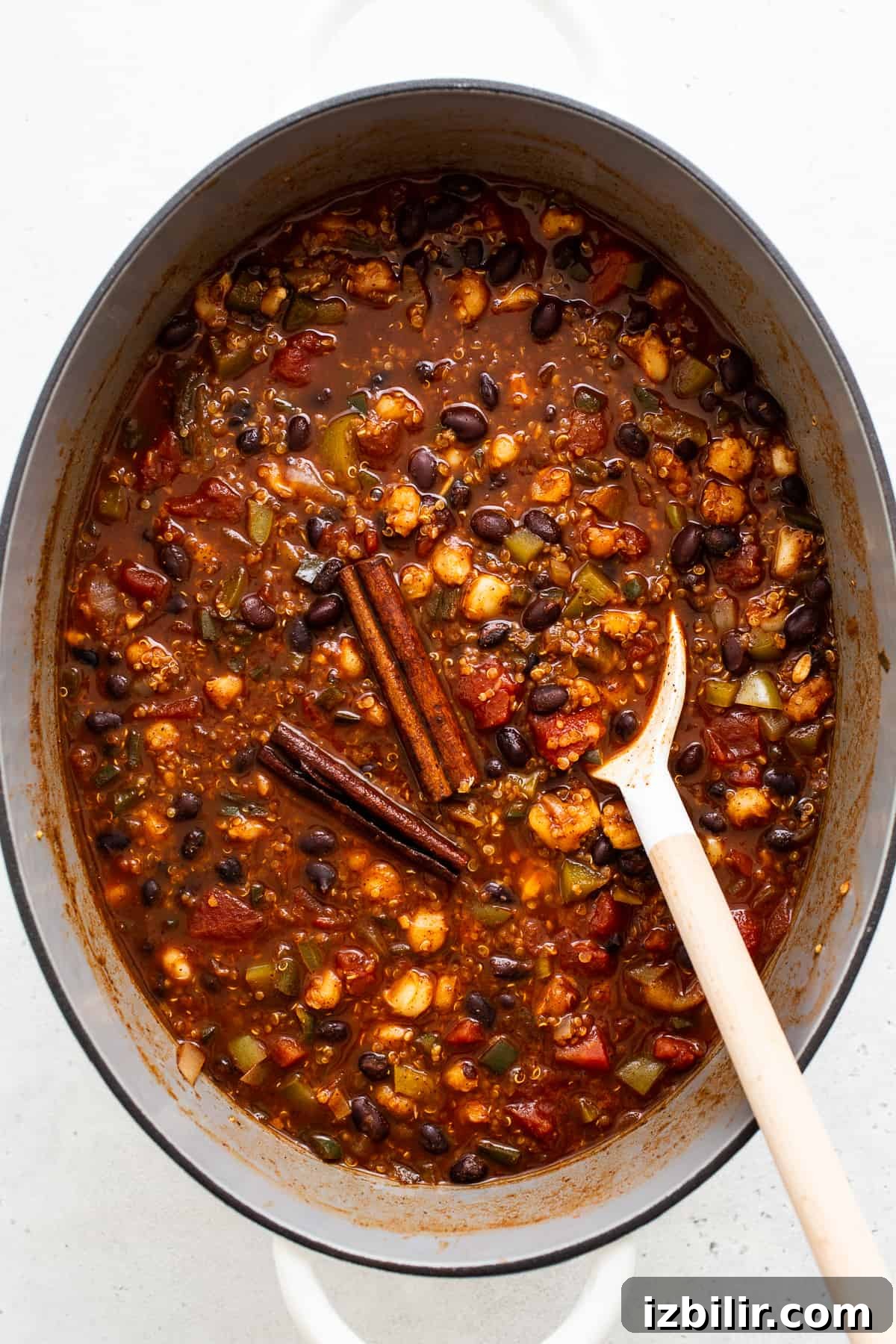 simmering quinoa chili in pot.