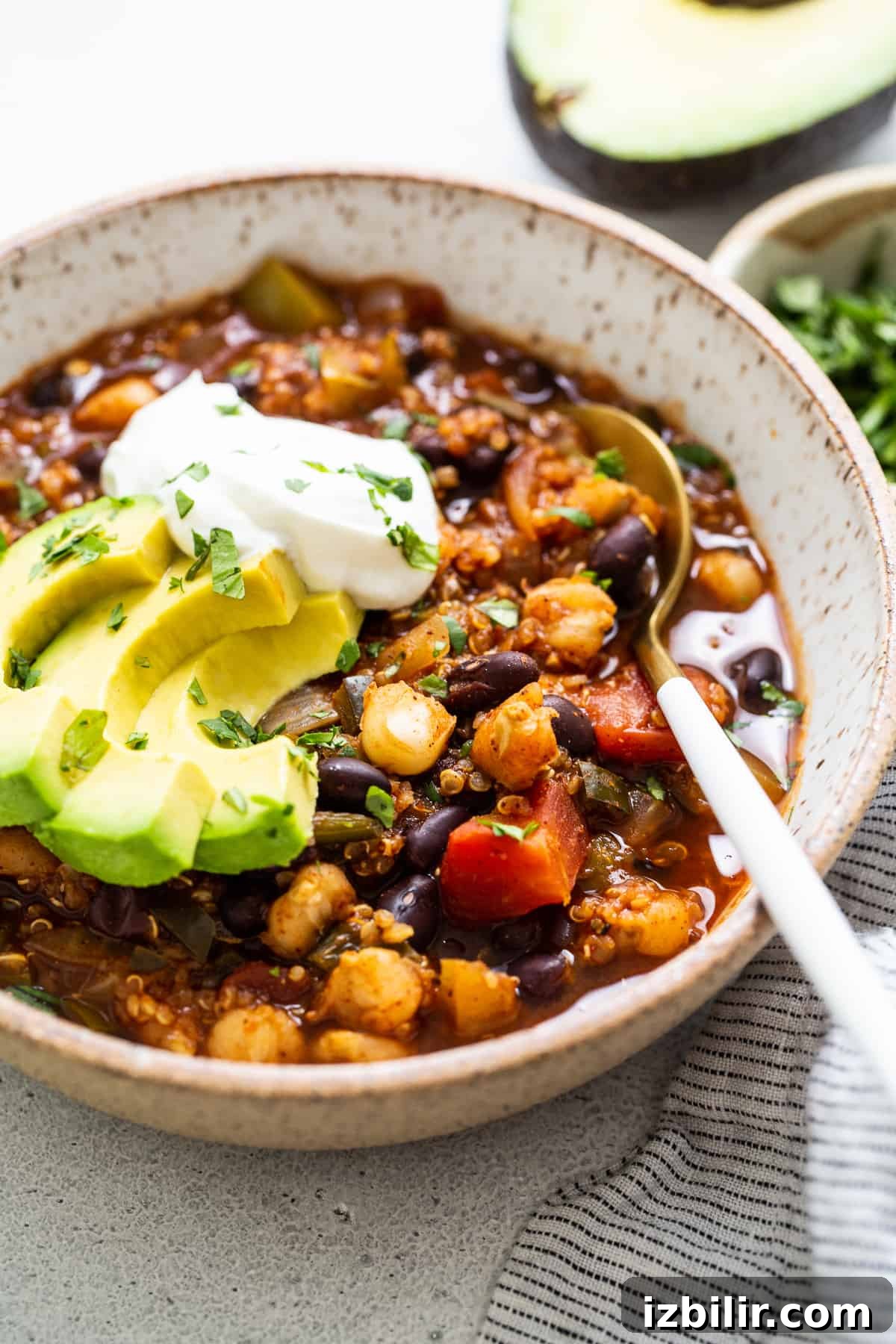 quinoa chili in bowl.