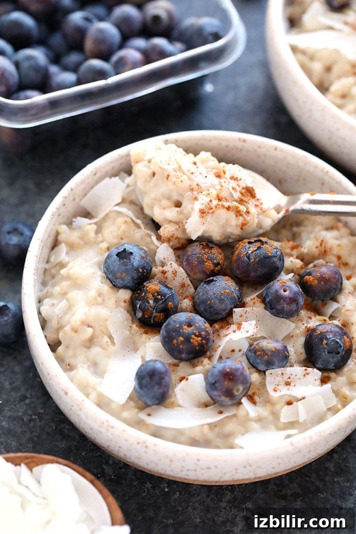 Coconut Oats Topped with Blueberries Bowl of creamy coconut slow cooker steel cut oats topped with blueberries