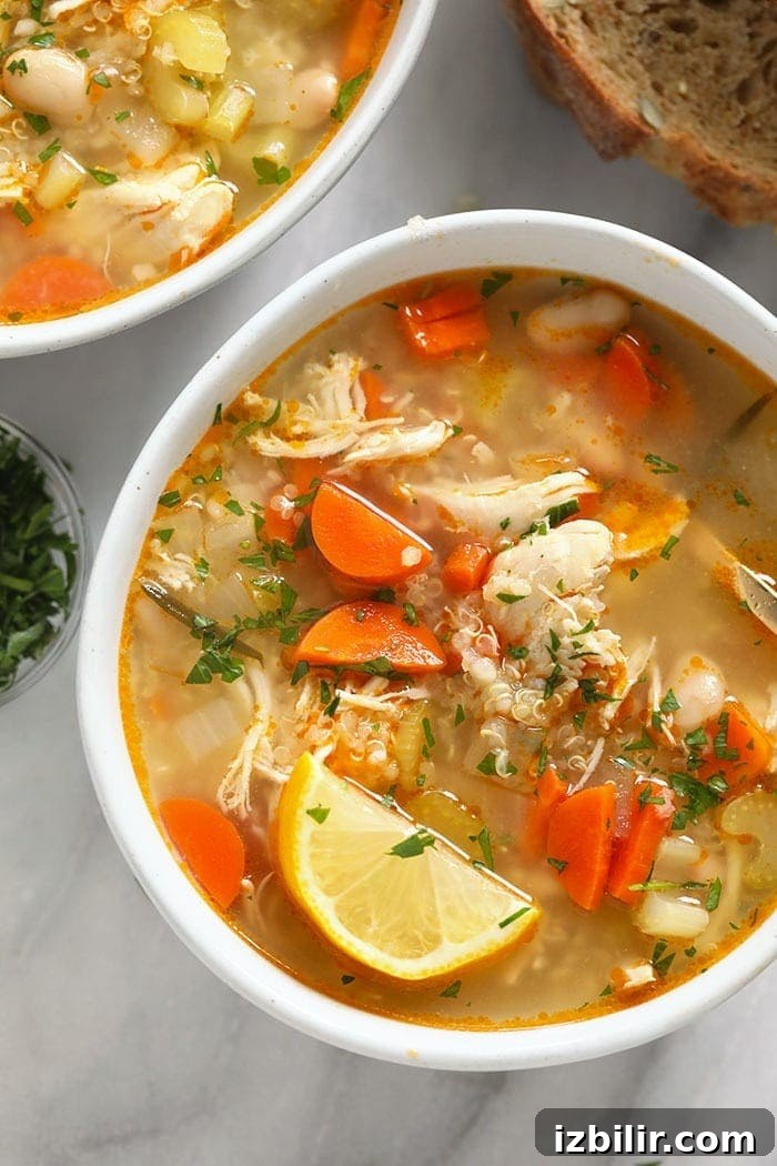 Bowl of Chicken Quinoa Soup chicken quinoa soup in a bowl