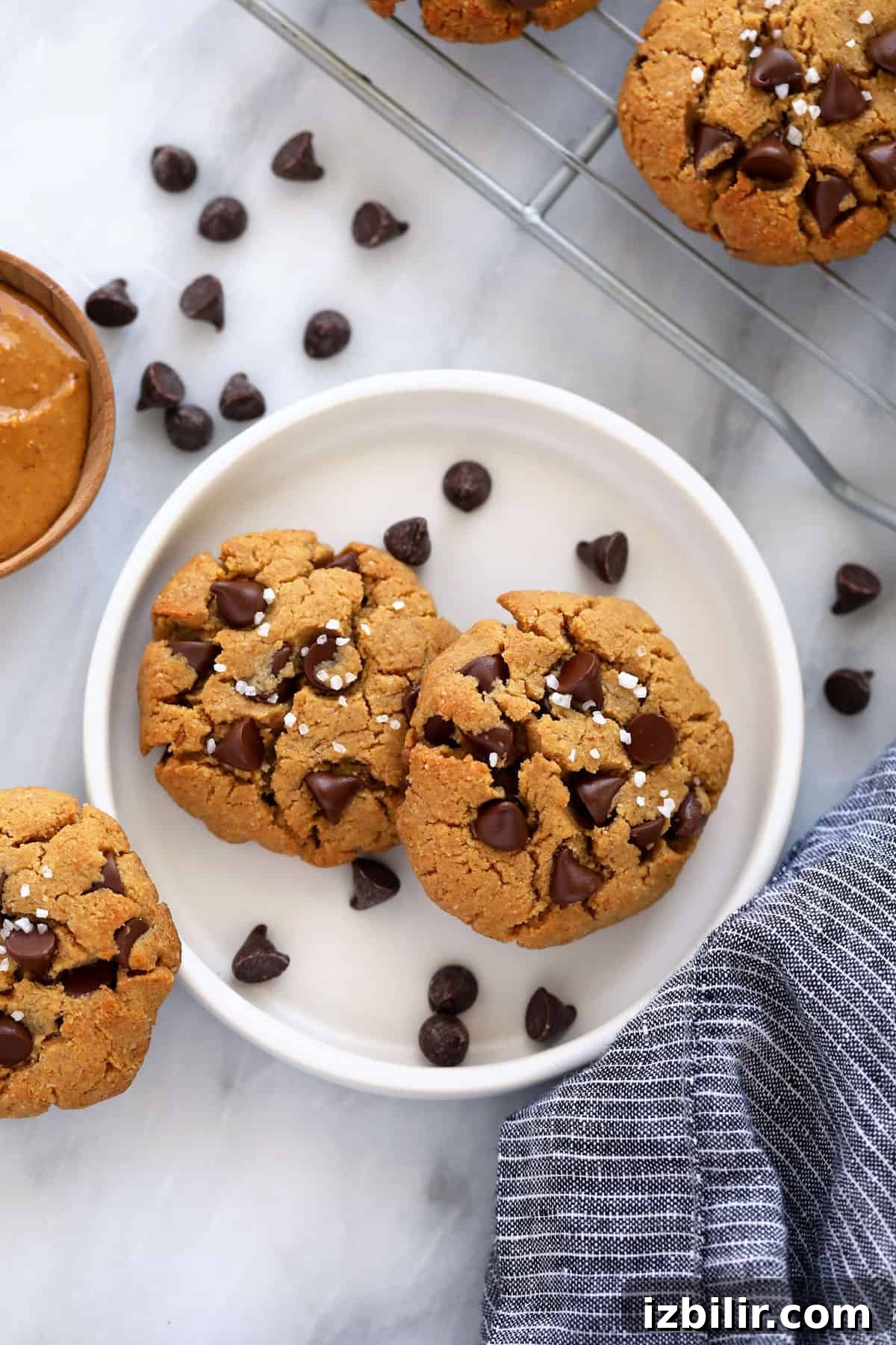 These Healthy Peanut Butter Cookies are flourless, chewy and oh so delicious with dark chocolate chips and a sprinkle of sea salt. healthy peanut butter cookies on a plate