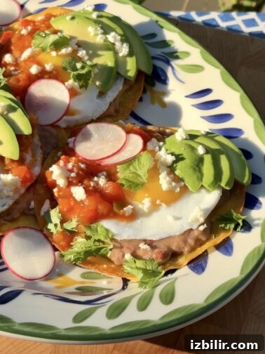 Huevos Rancheros on a plate with avocado and cilantro