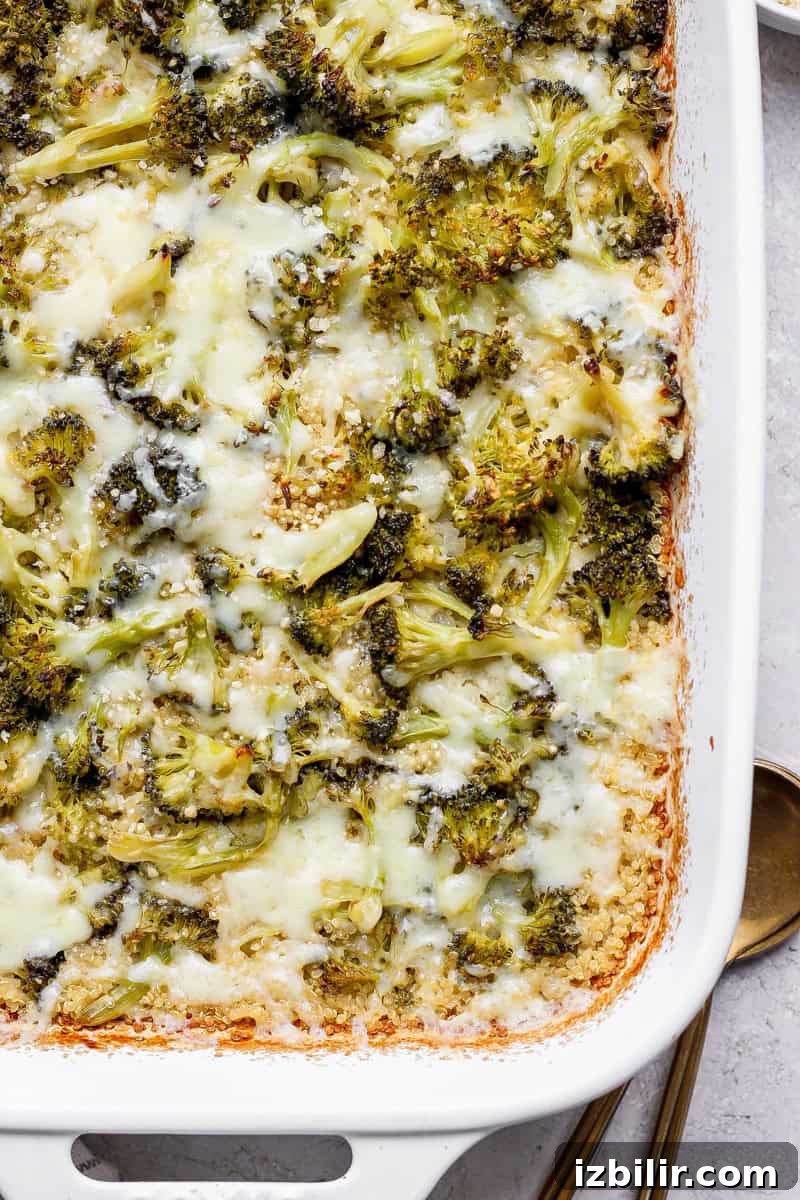 Broccoli casserole topped with melted cheese in a white baking dish.
