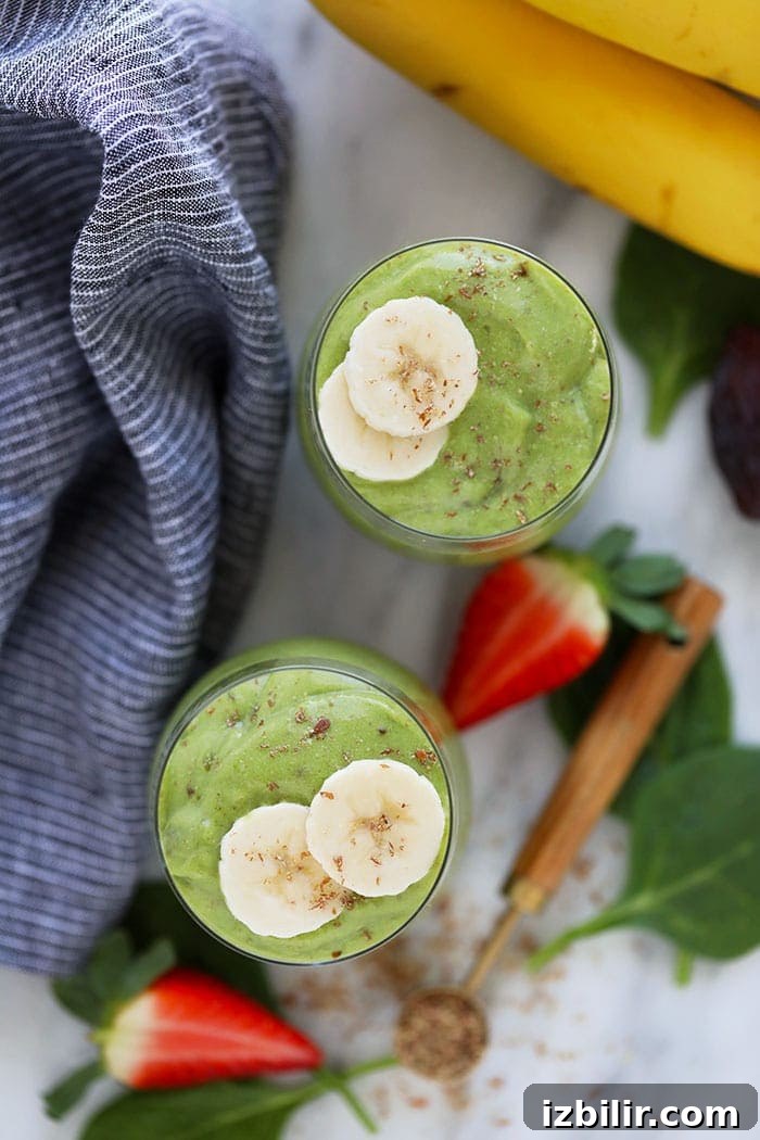 Creamy Green Smoothie with Spinach, Banana and Mango 6 top down shot of healthy green smoothies
