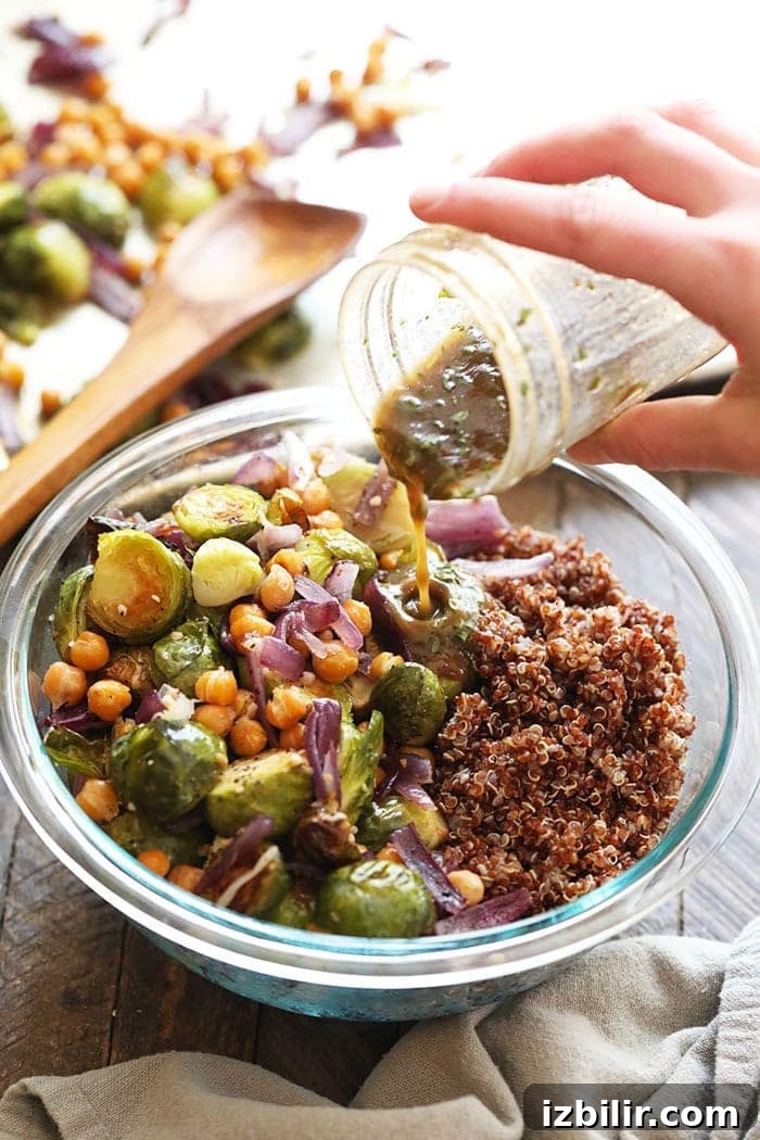 Balsamic dressing for Brussel sprout salad pour dressing into salad