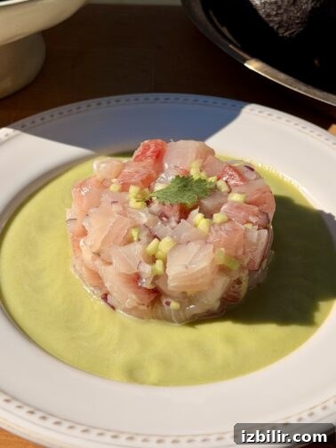 Creamy avocado aguachile de pescado plated with fish tower and avocado sauce