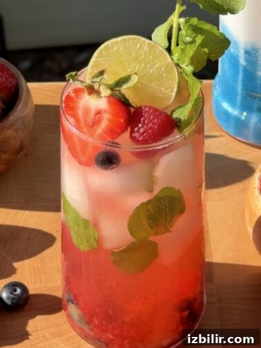 Mixed Berry Mojito in a tall glass with berries and mint