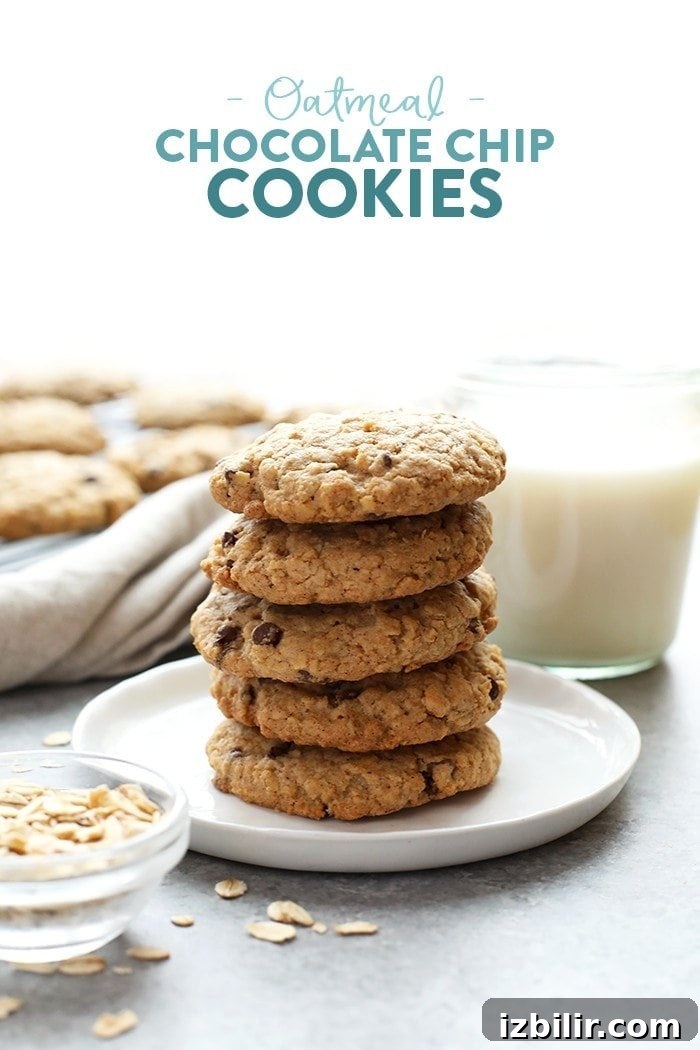 Healthy Oatmeal Cookies Healthy oatmeal cookies stacked on a plate.