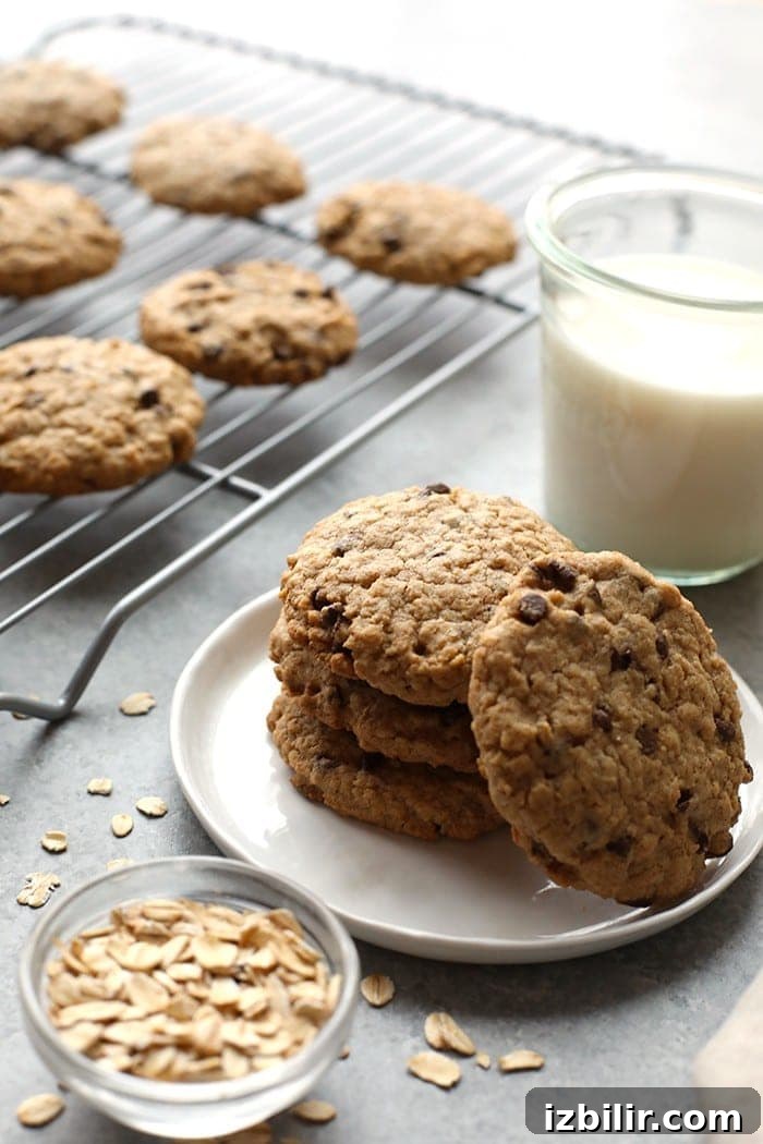 Cookies with milk Healthy oatmeal cookies on a plate next to a glass of milk.
