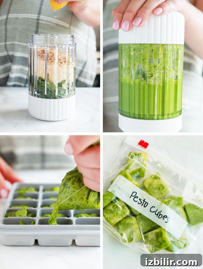 Homemade Basil Pesto Recipe with Pine Nuts and Parmesan 2 steps showing pesto preparation