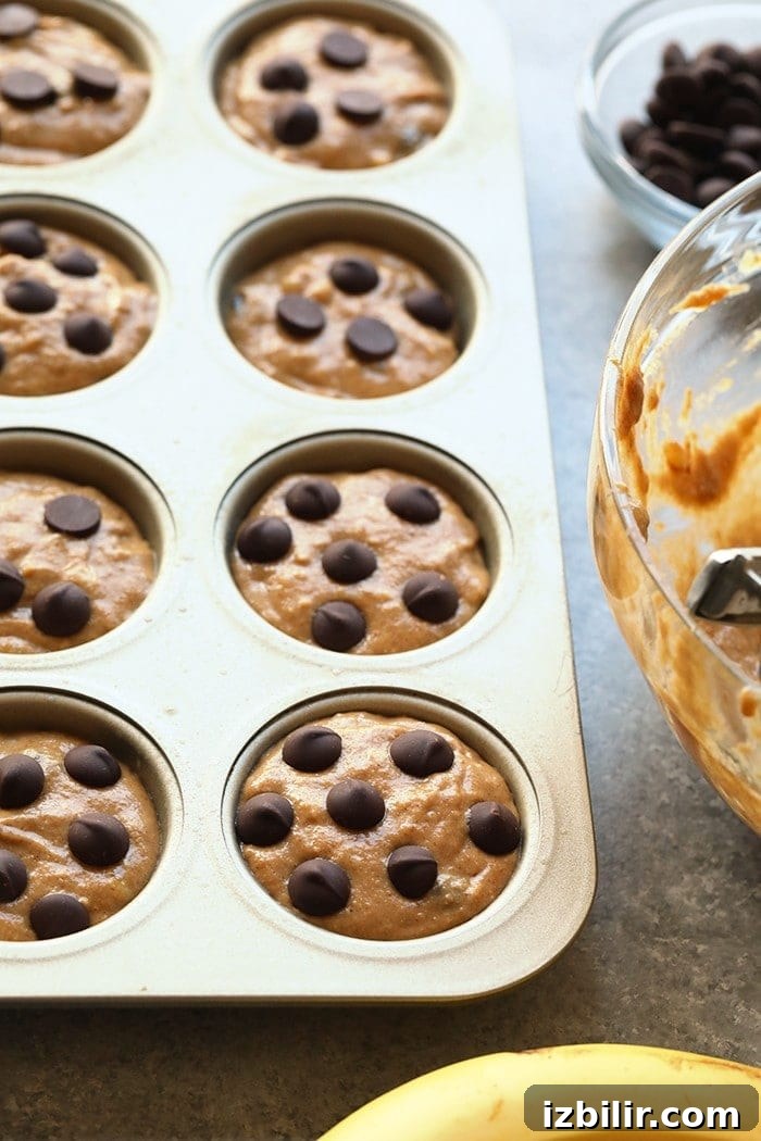 Muffin batter in a muffin tin. Banana chocolate chip muffin batter in a muffin tin, ready to be baked.
