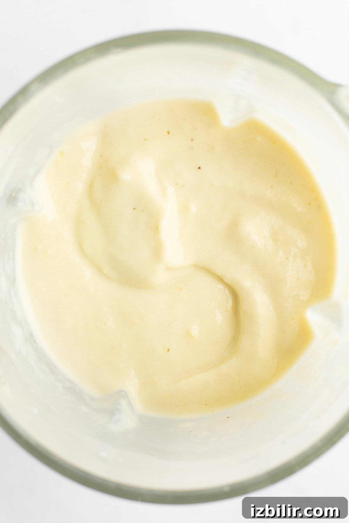 A close-up of a bowl containing smooth, creamy, beige-colored sauce or dressing.