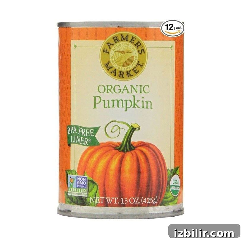 A can of organic pumpkin on a white background.