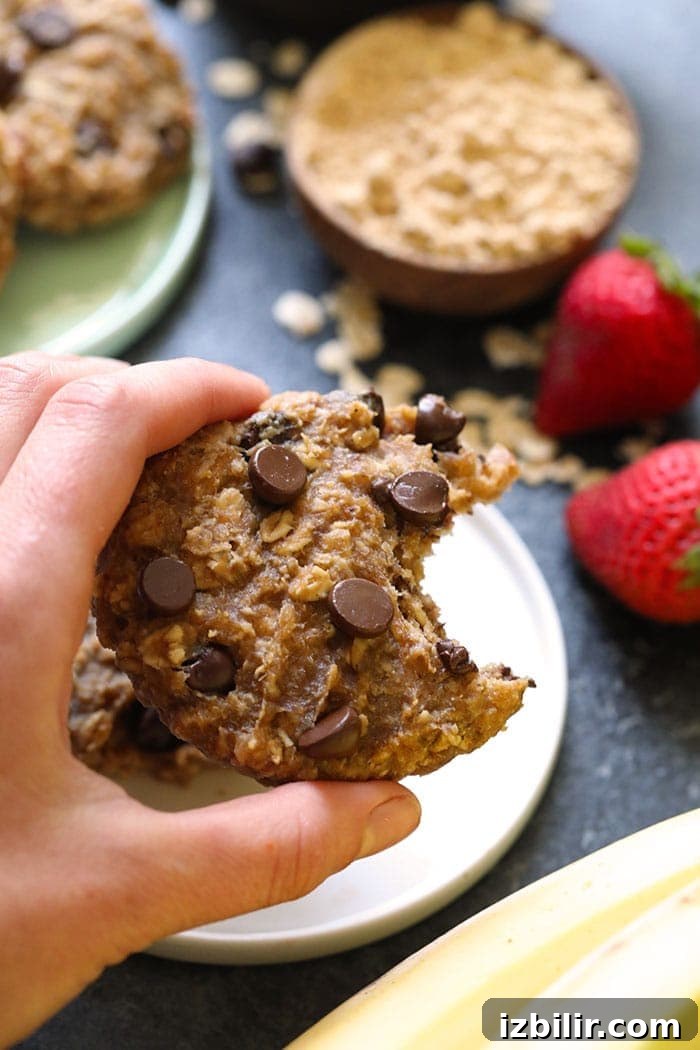 These Vegan Peanut Butter Banana Cookies for Breakfast are healthy, easy to make, and full of nutrients for a healthy breakfast option. Photo of cookie with a bite taken out of it.