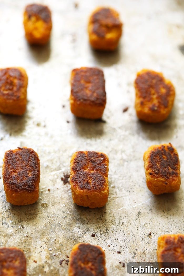 Crispy Sweet Potato Tater Tots Recipe 2 Baked sweet potato tater tots on a baking sheet.