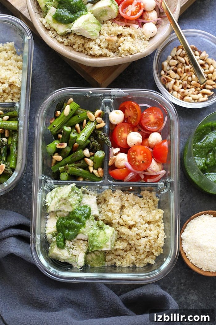 Meal prep pesto chicken and sides in a meal prep container