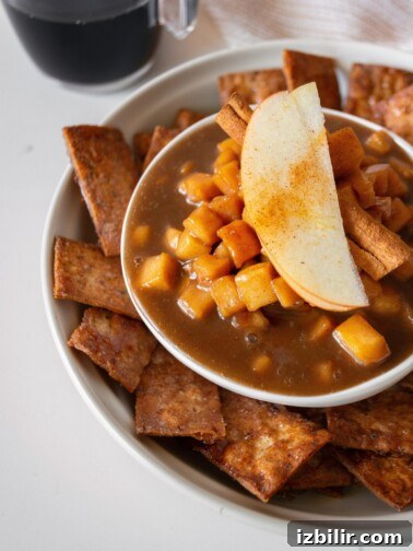 Oven-baked cinnamon sugar chips and salted caramel apple pie dip