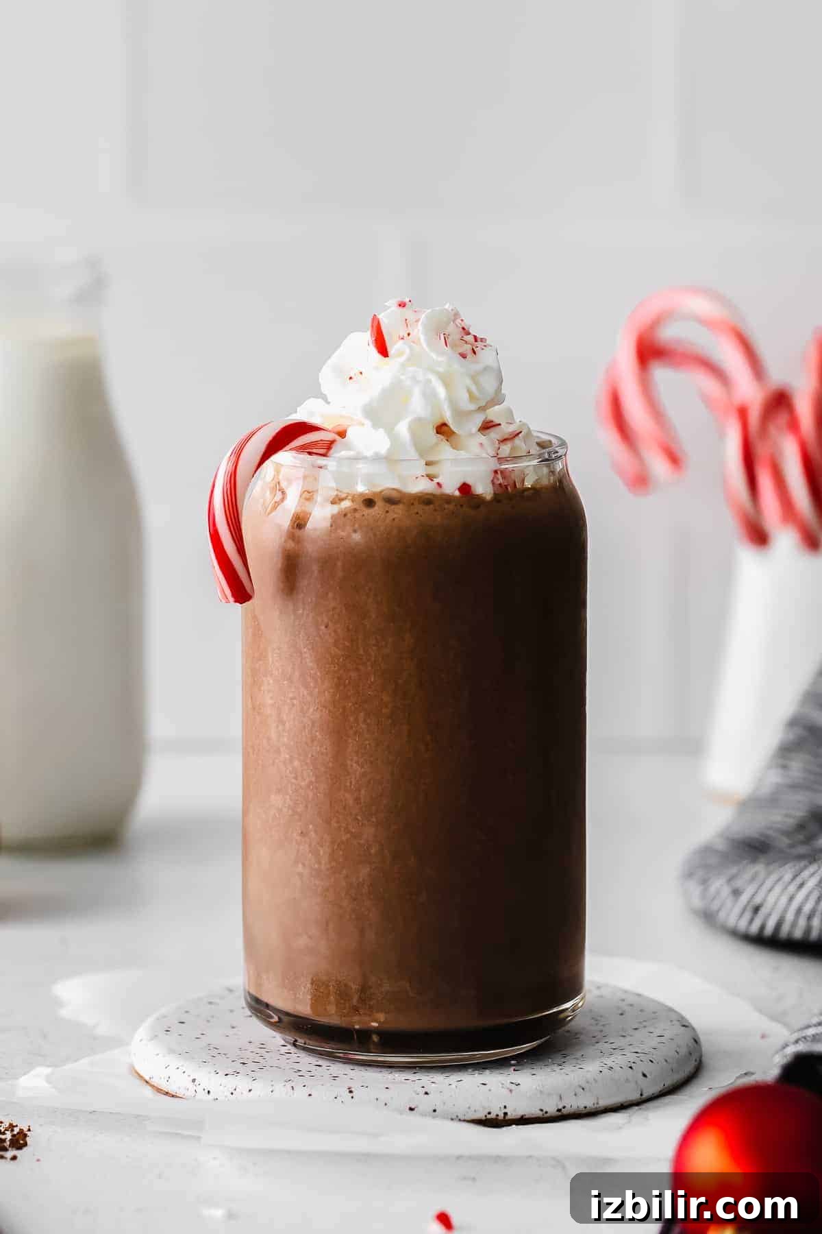 Chocolate Peppermint Protein Shake in a glass protein shake in glass