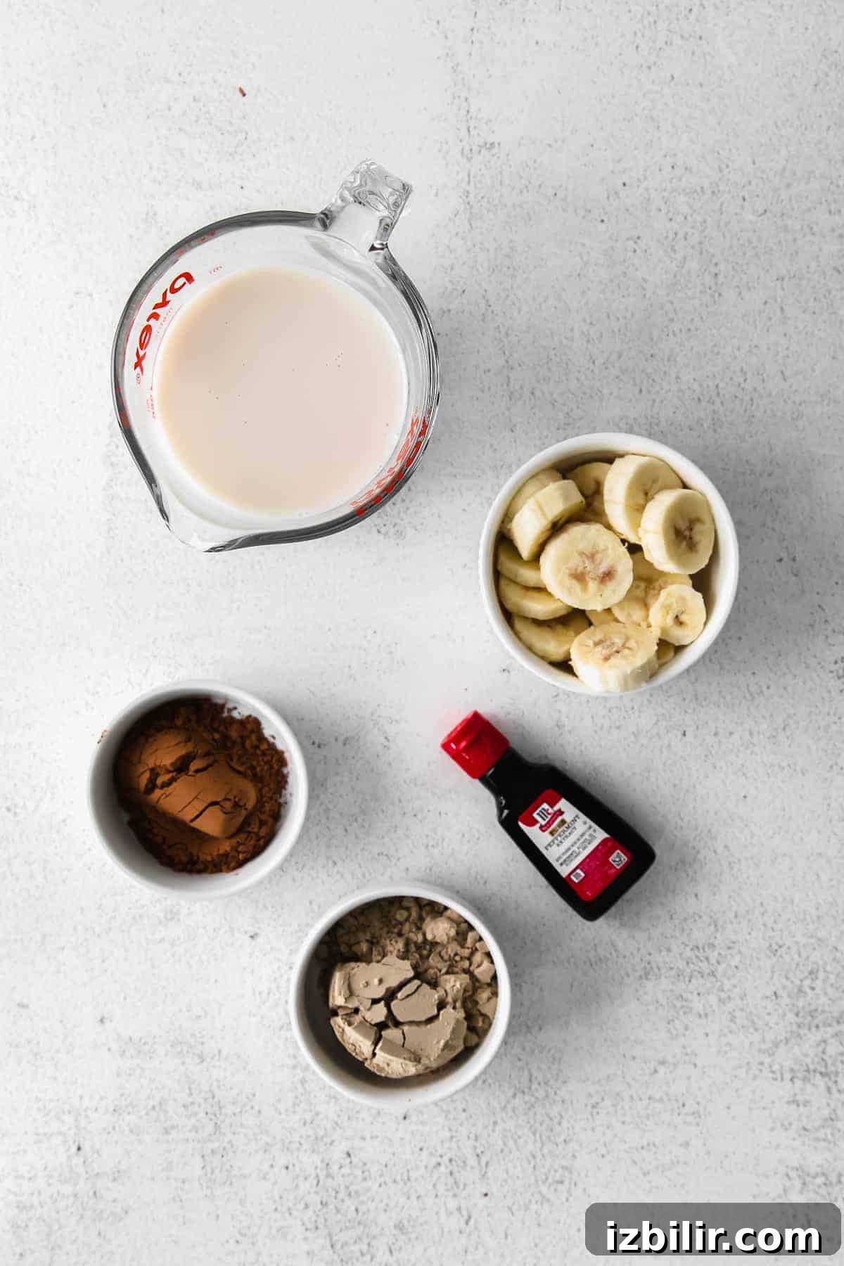 Ingredients for Chocolate Peppermint Protein Shake ingredients on countertop