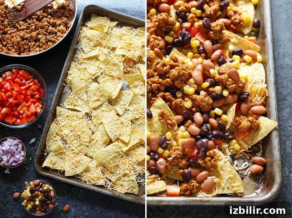 All the ingredients for chicken nachos in small bowls and on a baking sheets.