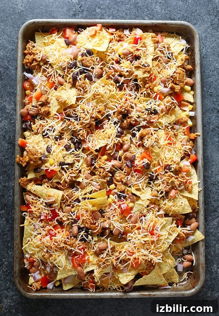 Chicken nachos on pan.