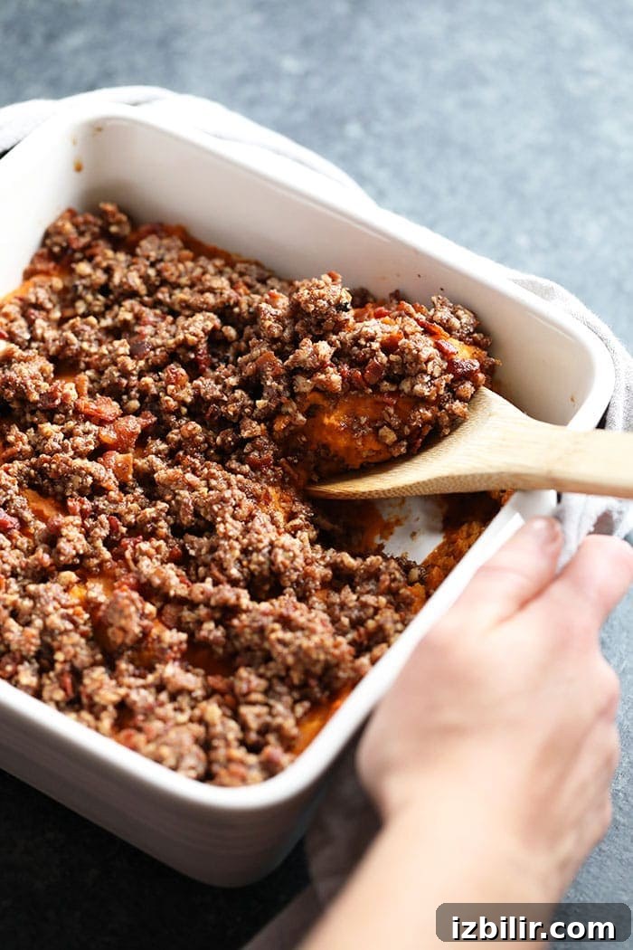 Healthy sweet potato casserole being served