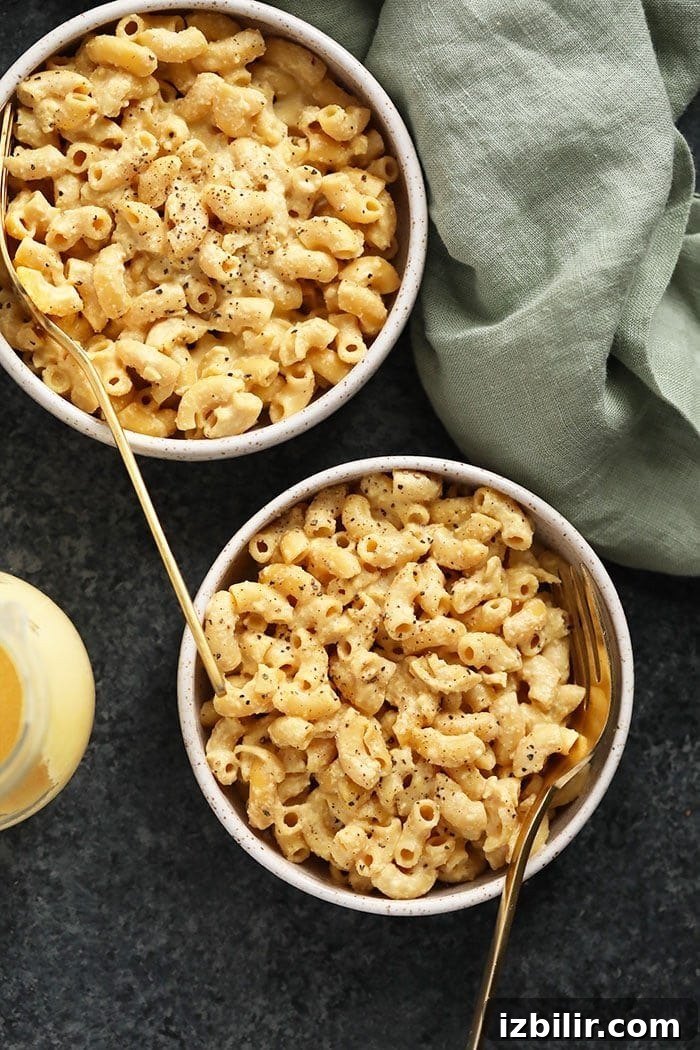 Bowls of creamy vegan mac and cheese. bowls of vegan mac and cheese ready to eat