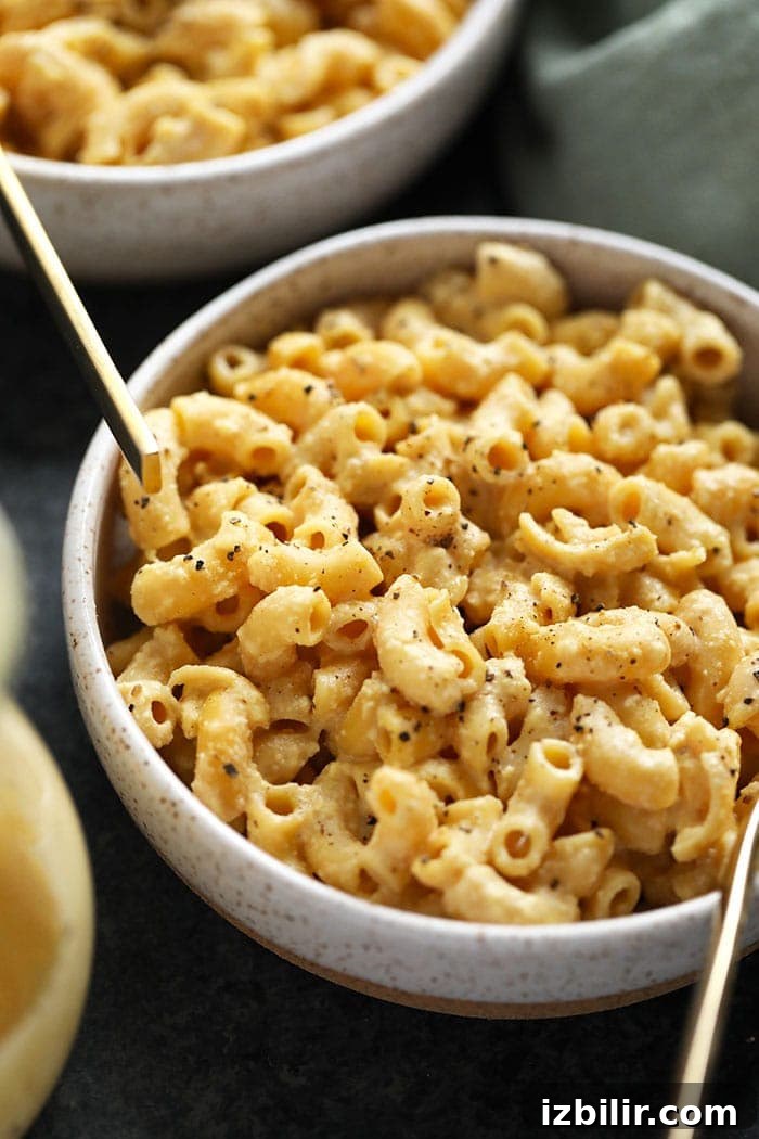Ready to eat vegan mac and cheese. bowl of vegan mac and cheese ready to eat