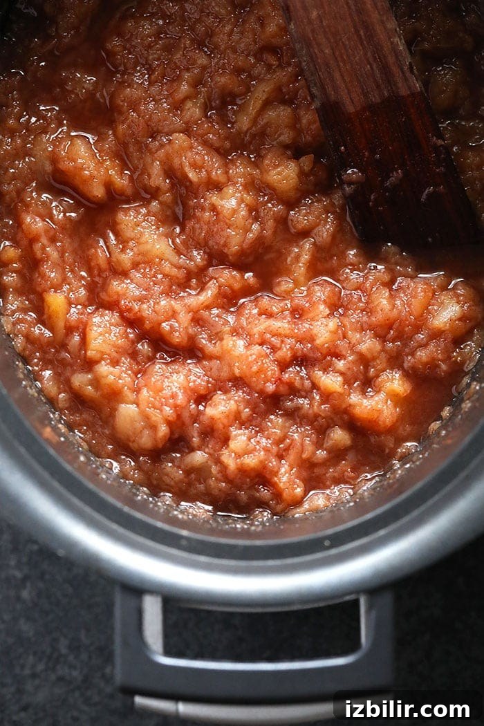 Applesauce in the crockpot Cinnamon crockpot applesauce in a crockpot ready to be eaten