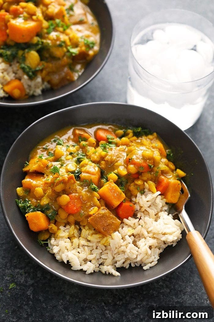 Sweet Potato Curry with Brown Rice in bowl.