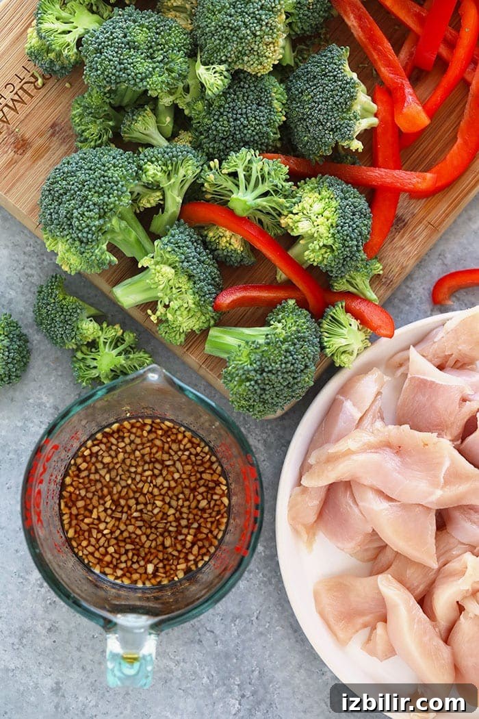 Chicken and broccoli stir fry ingredients.