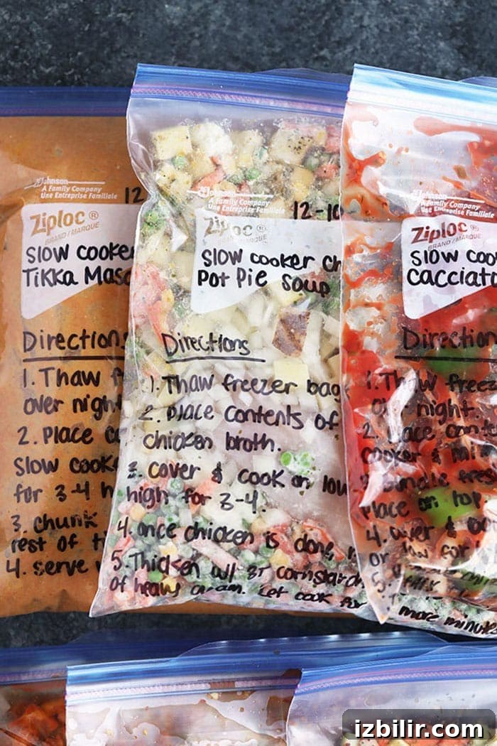 6 Freezer-to-Crockpot Meals for Busy Weeknights 4 freezer meals in bags on countertop