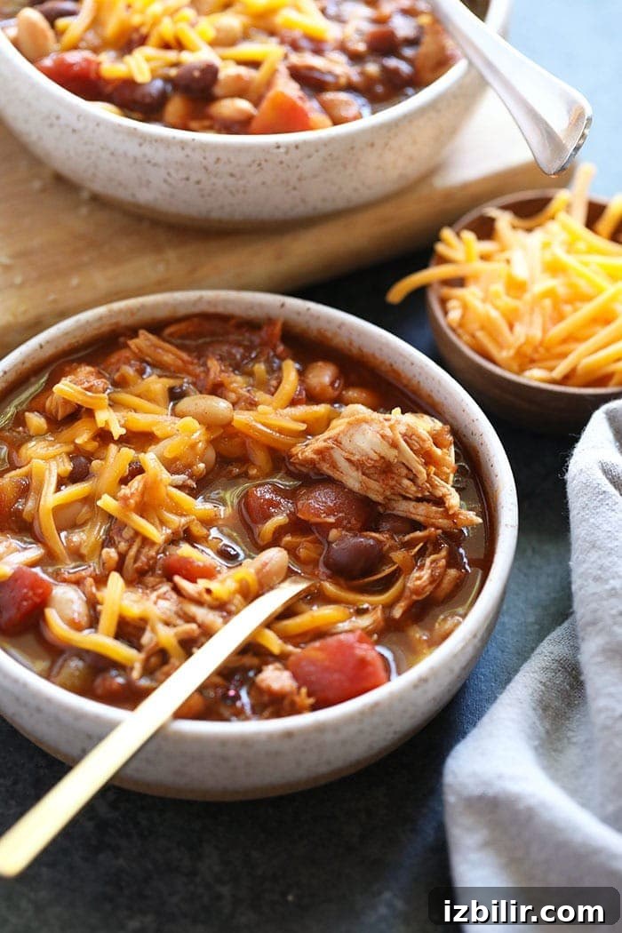 Crockpot chicken chili in a bowl