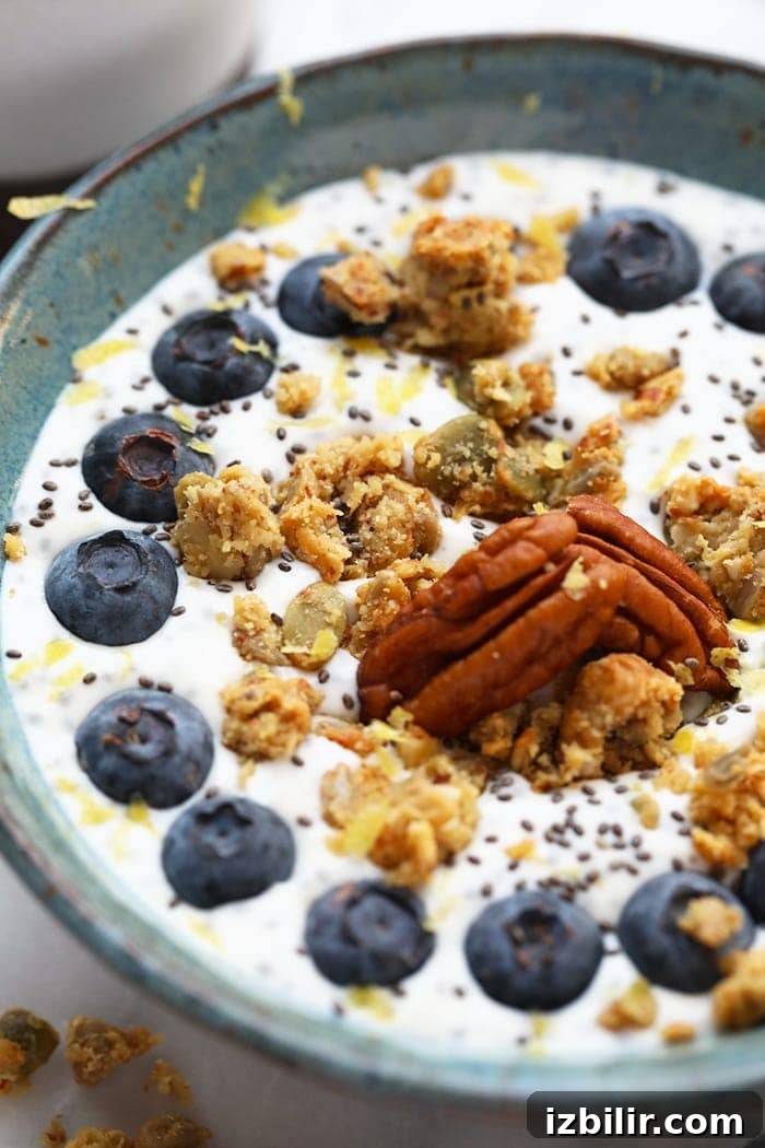 Protein-Packed Chia Yogurt Bowl 5 This chia yogurt bowl is packed with fiber, low in sugar, and is the perfect breakfast to fuel you for the day!