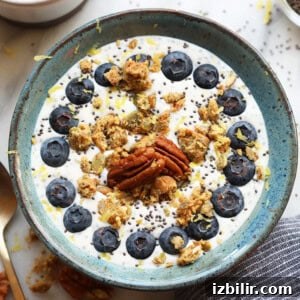 Chia Yogurt Power Bowl topped with blueberries and granola.