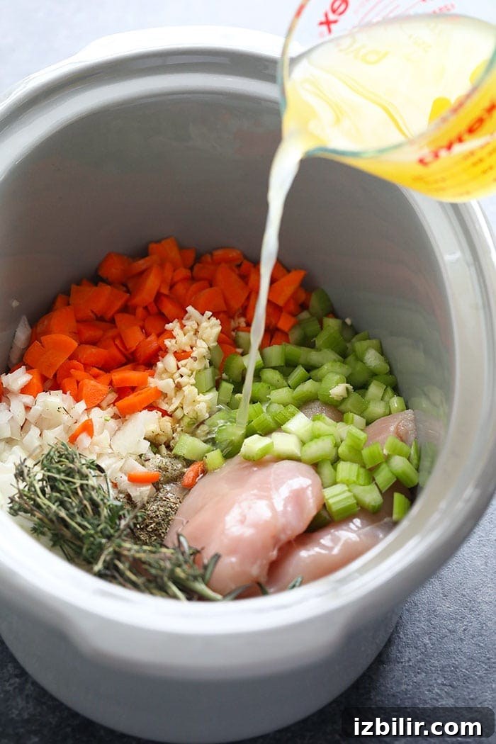 Ingredients in crockpot with broth ingredients in crockpot with broth